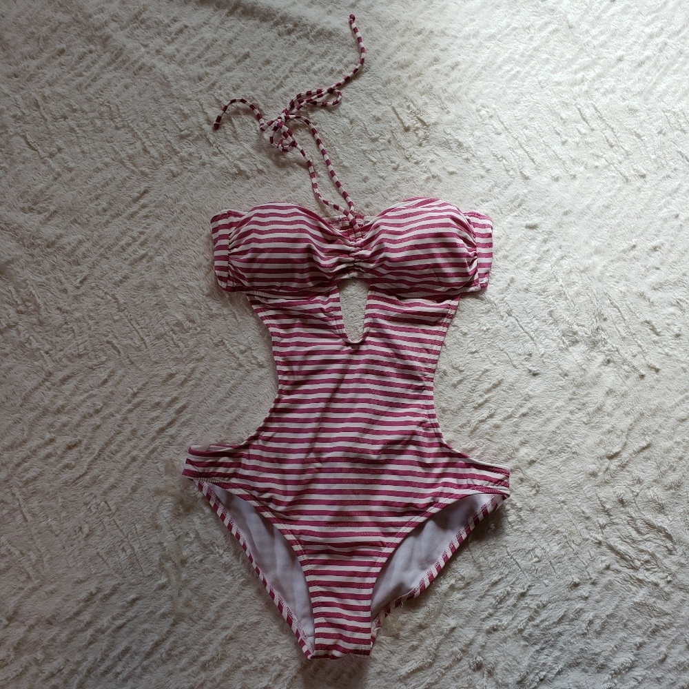Pink and White One-Piece Swimsuit with Cut-Outs